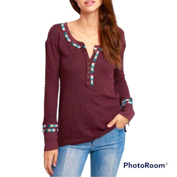 Free People Burgundy Red RAINBOW THERMAL TEE Henley top - Picture 1 of 6